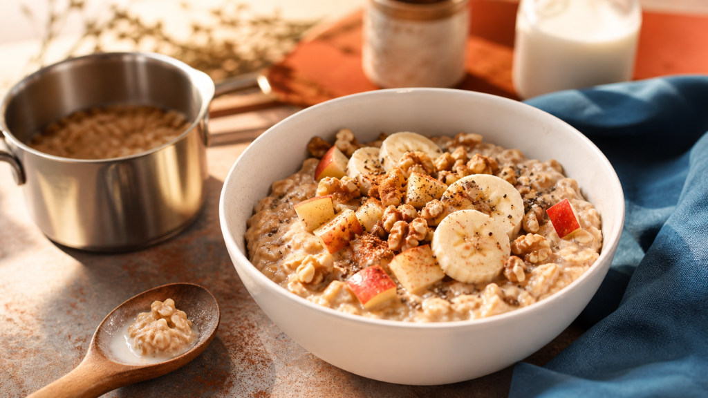 Recette de porridge crémeux aux flocons d’avoine, pomme et banane, chia et noix
