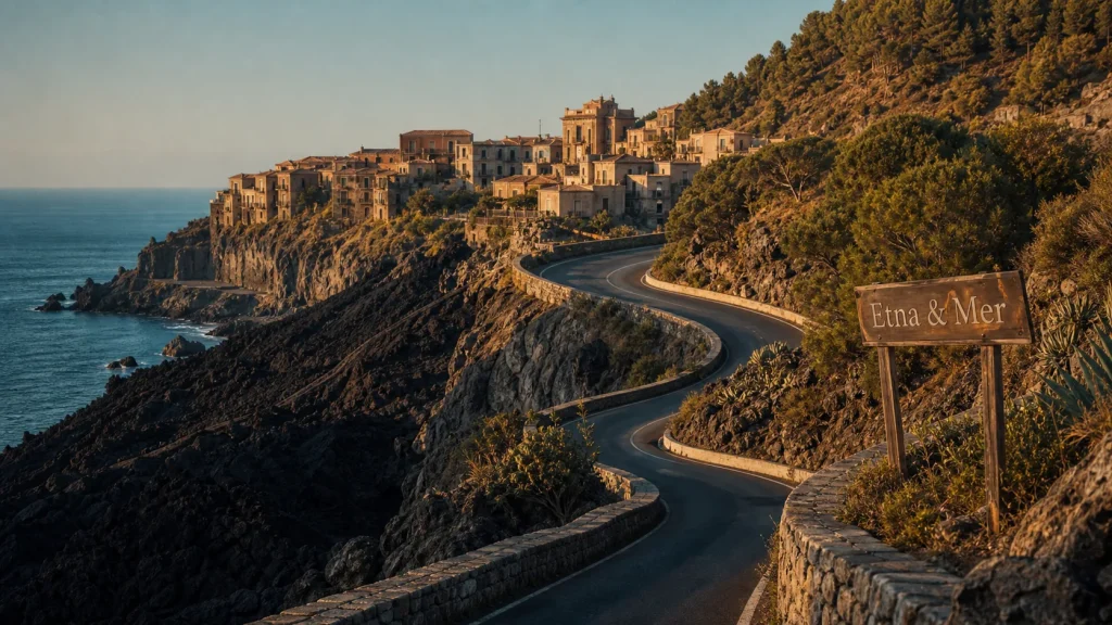 Sicile paysage : route en lacets vers la mer et un village face à l’Etna