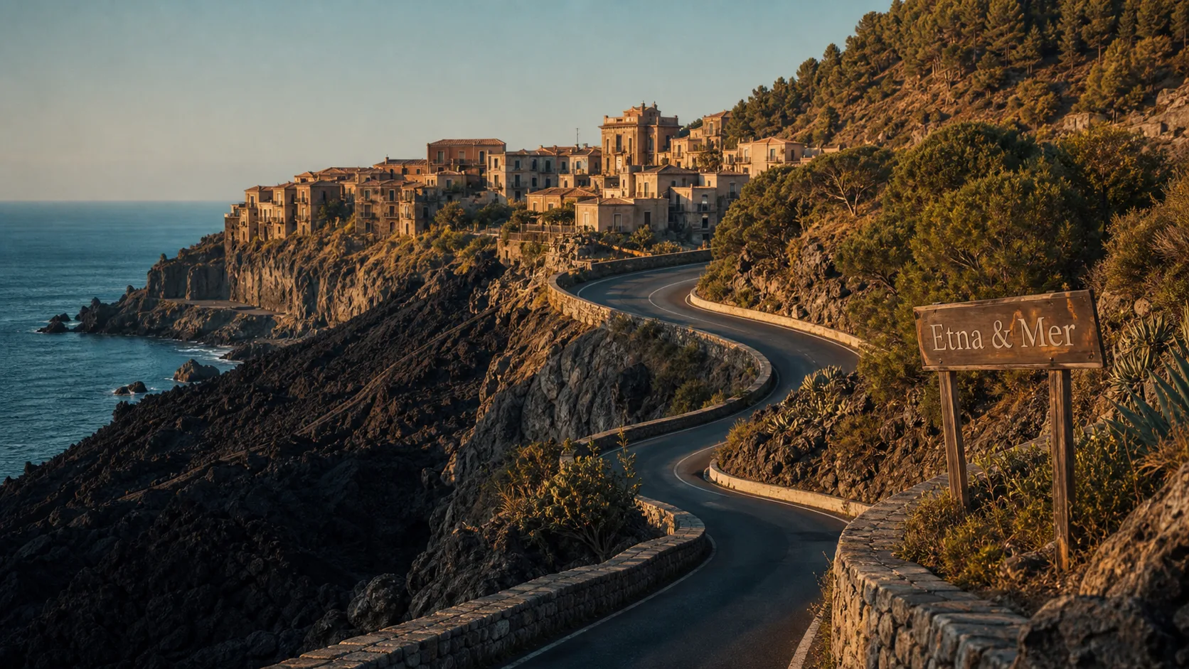Sicile paysage : route en lacets vers la mer et un village face à l’Etna