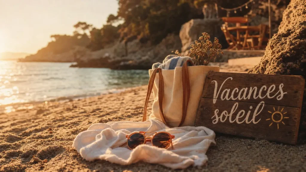 Vacance au soleil : plage méditerranéenne au petit matin, sable doré et mer turquoise