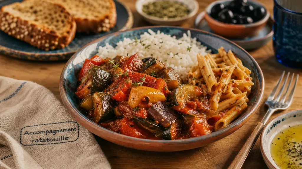 Accompagnement ratatouille avec riz, pâtes et pois chiches