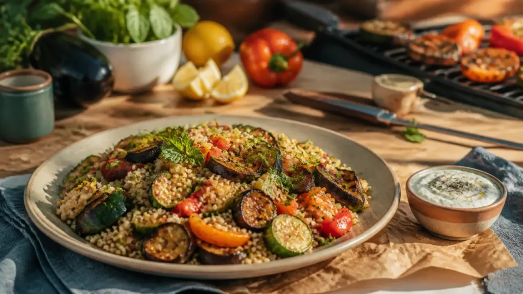 Accompagner merguez : semoule tiède, légumes grillés et sauce fraîche au yaourt