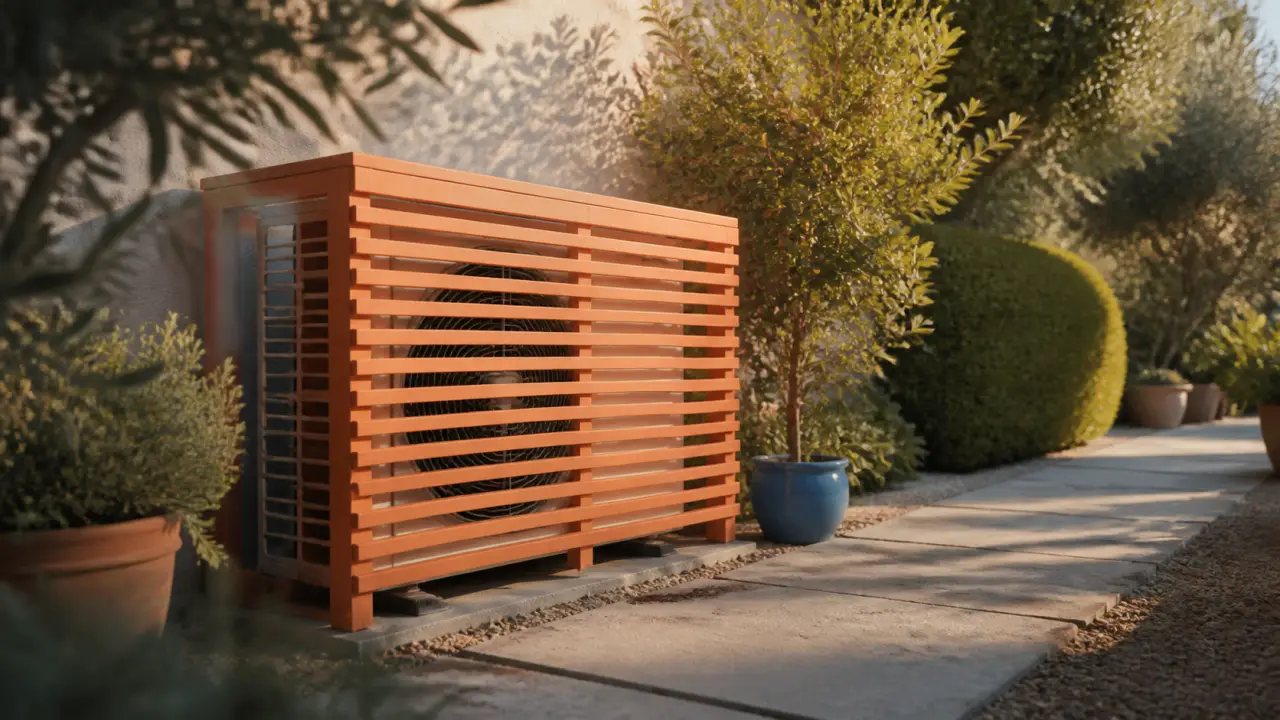 Cacher pompe à chaleur avec persiennes et végétaux, grille ventilée visible sans brider