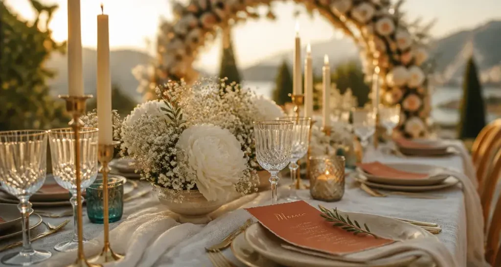 Décoration mariage chic et élégant : table de mariage à la golden hour, lin ivoire, bougies dorées
