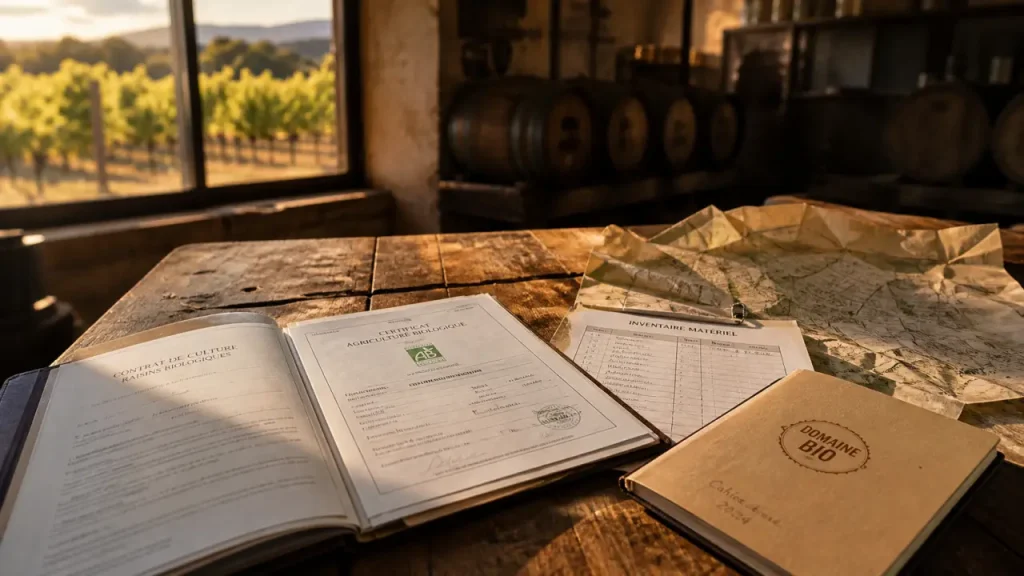 Domaine viticole bio à vendre : documents bio et contrat au chai