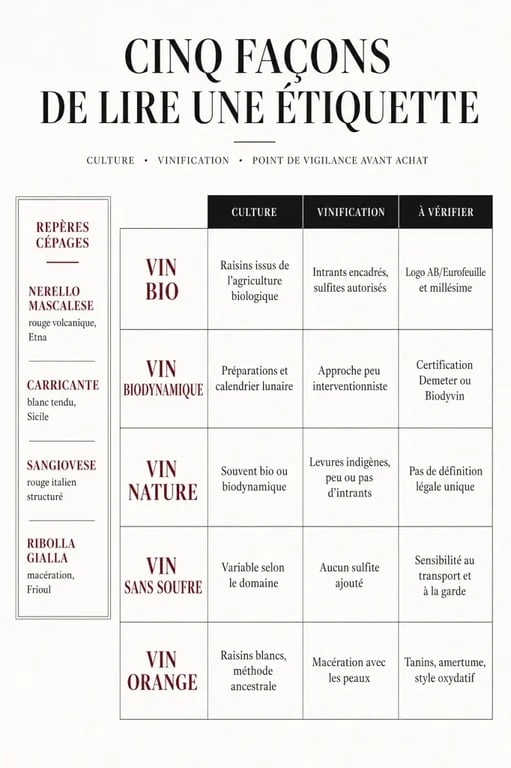 Vin nature italien : comparaison visuelle entre bio, biodynamie, sans soufre et orange wine
