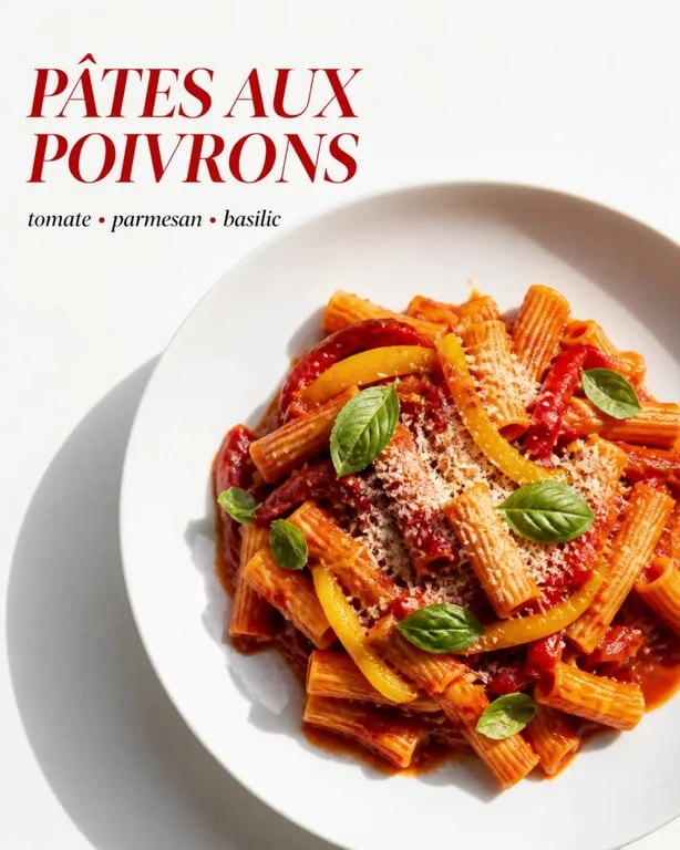 Recette italienne pâtes aux poivrons servie en assiette avec sauce tomate et poivrons rôtis