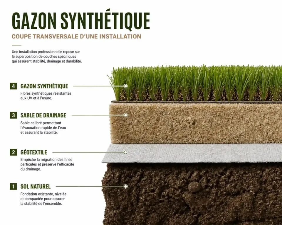 Installation de gazon synthétique à Béziers : coupe transversale des couches de sol
