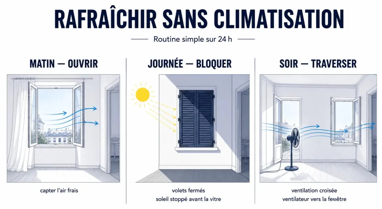 Rafraichir une piece : routine quotidienne pour garder une pièce fraîche avec volets fermés le jour et aération nocturne