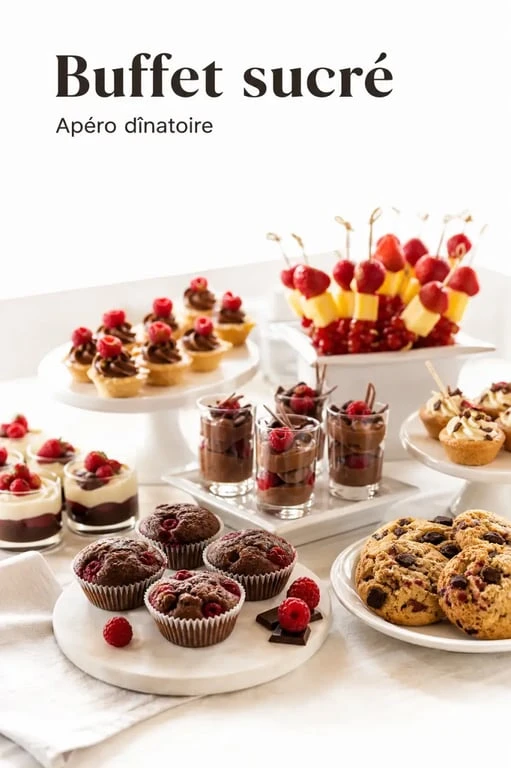 Dessert apéro dînatoire avec mini-muffins, verrines et brochettes de fruits sur un buffet sucré