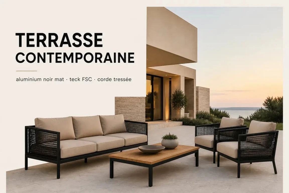 Mobilier de jardin haut de gamme contemporain sur terrasse design avec salon en aluminium, teck FSC et corde tressée