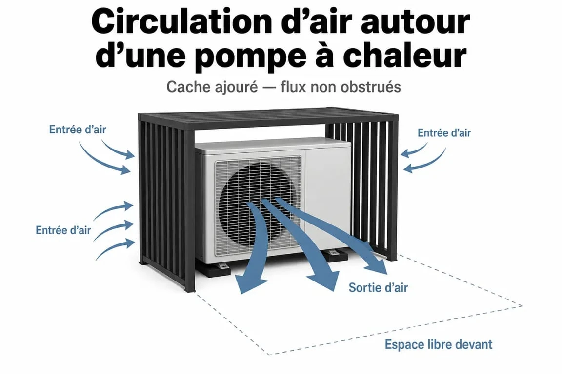 Schéma de ventilation pour cacher pompe à chaleur sans bloquer l’air
