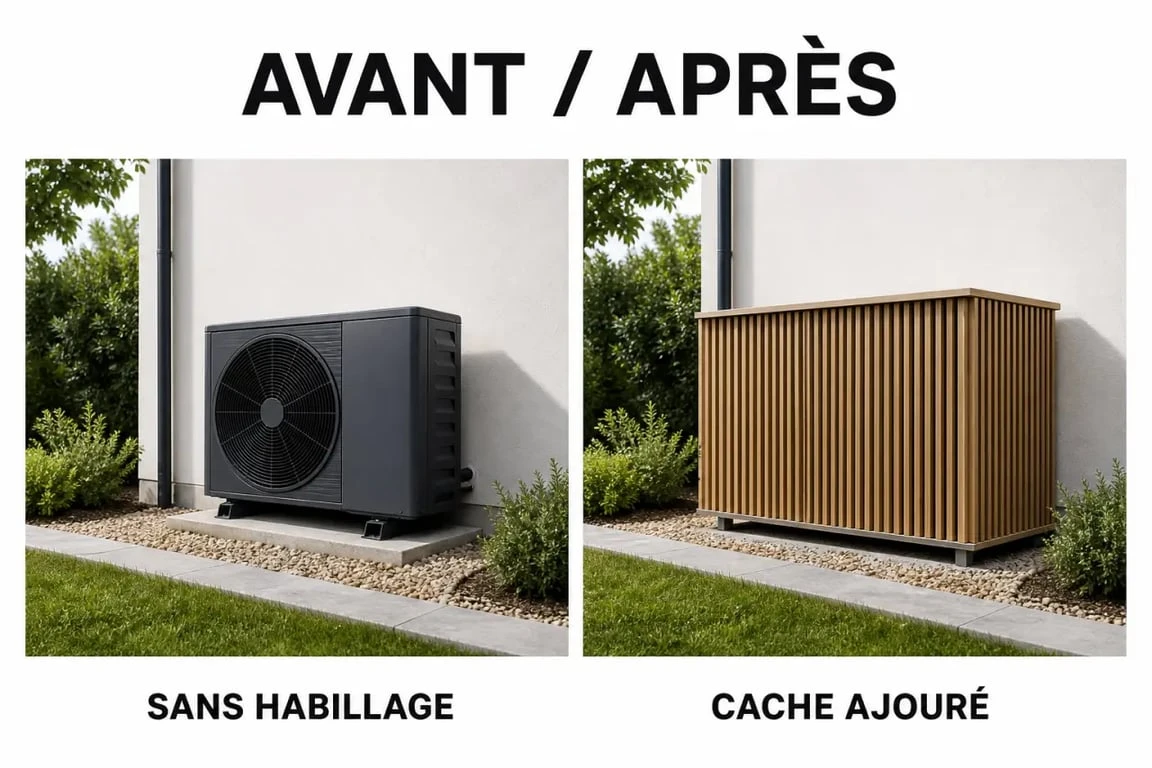 Cacher pompe à chaleur dans un jardin avec un cache ajouré avant et après