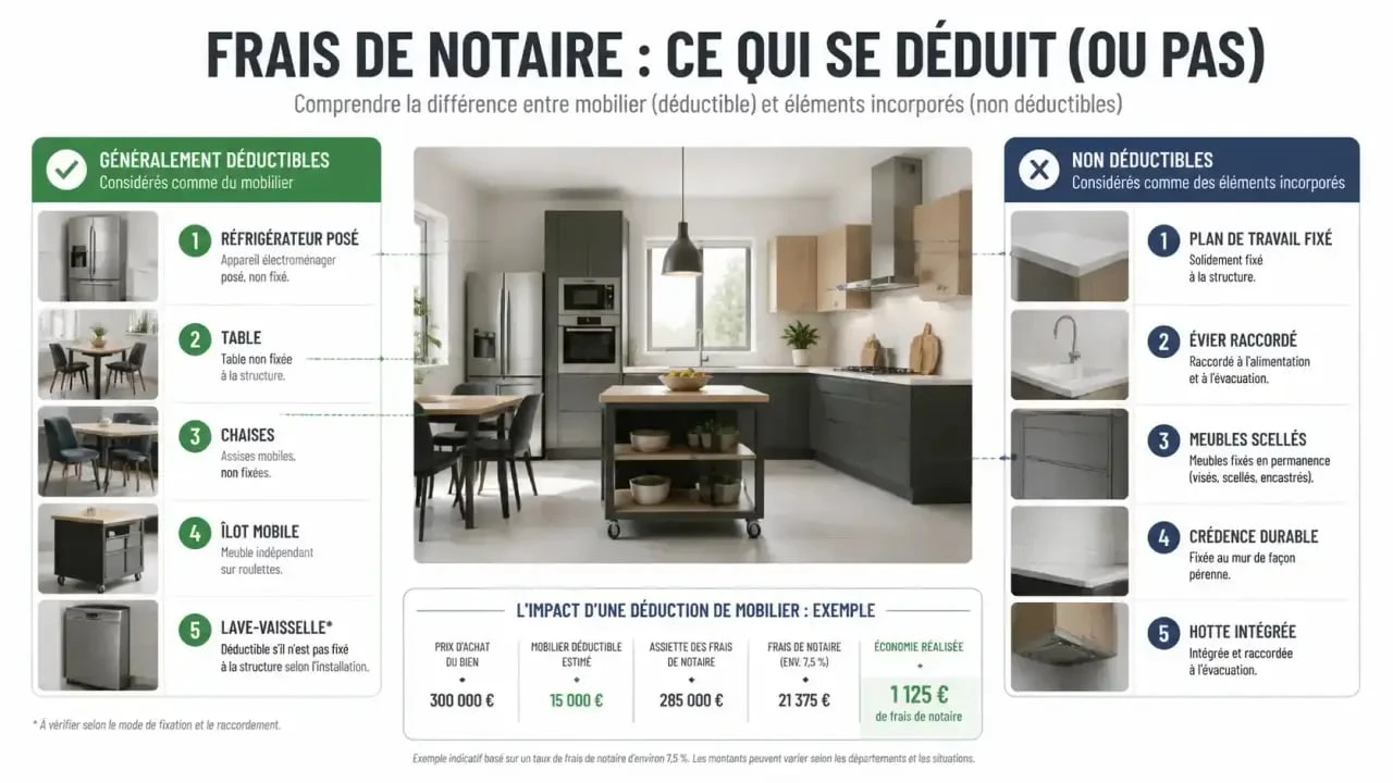 Achat maison avec cuisine équipée frais de notaire : éléments déductibles et non déductibles illustrés