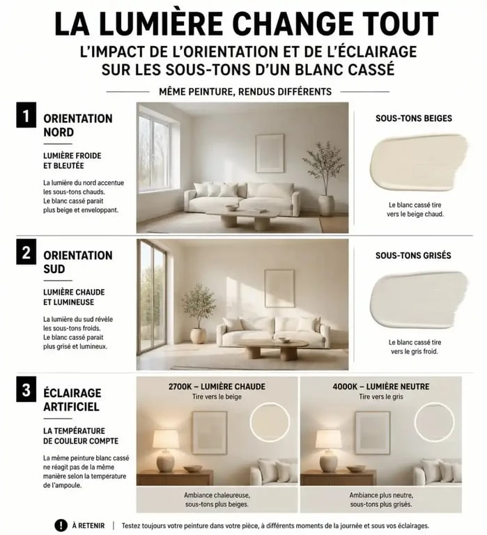 Infographie montrant l'influence de la lumière naturelle et artificielle sur le choix d'une peinture murale blanc cassé