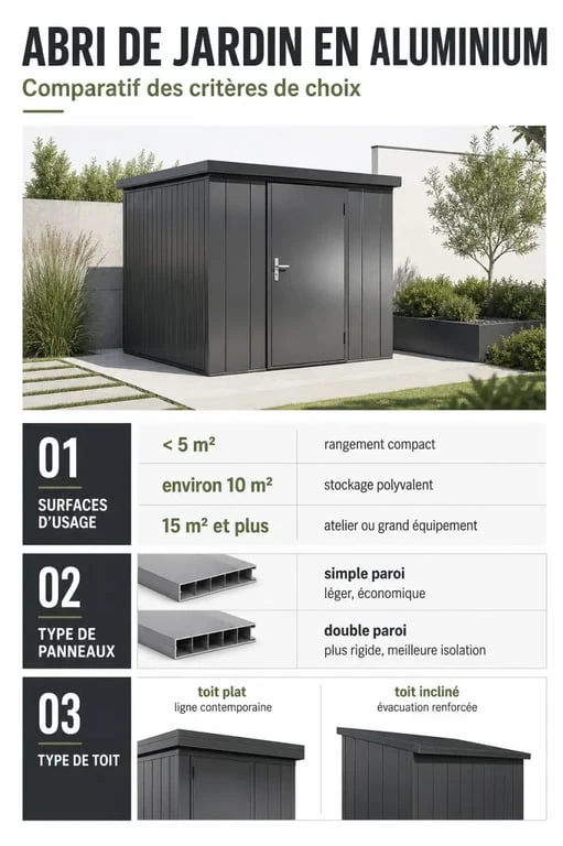 Abri de jardin aluminium : comparatif des surfaces, des panneaux et du type de toit