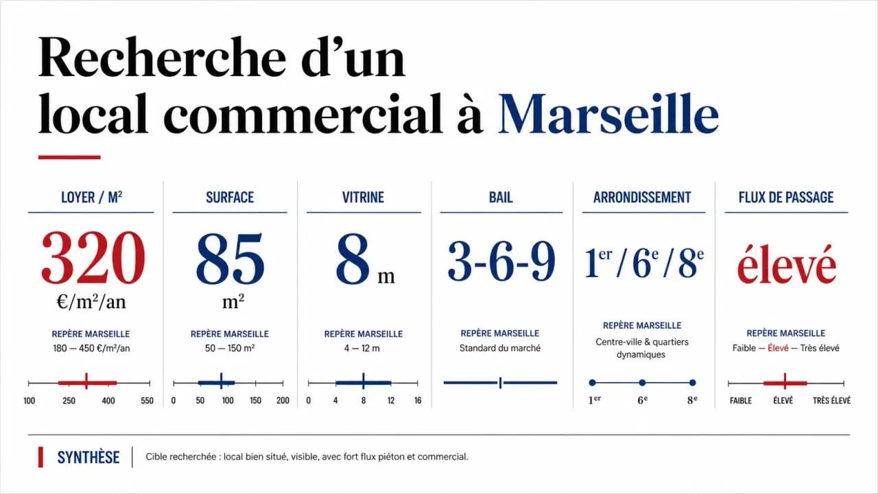 Local commercial Marseille : synthèse visuelle des critères de choix entre loyer, surface, vitrine et arrondissement