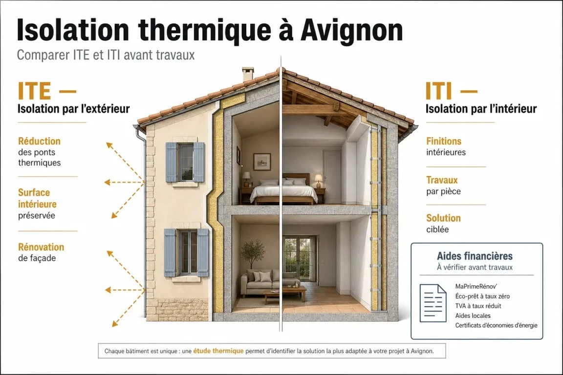 Infographie sur l’isolation thermique avignon comparant ITE et ITI avec aides financières et bénéfices clés