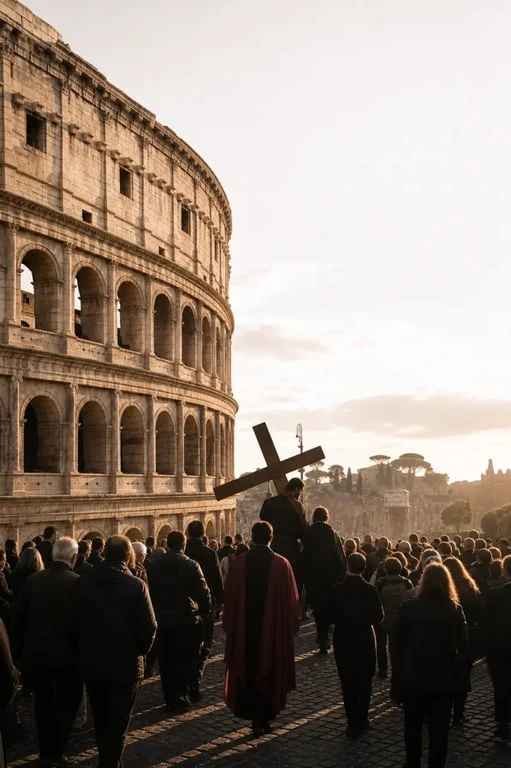Pâques en Italie à Rome, procession de la Via Crucis près du Colisée