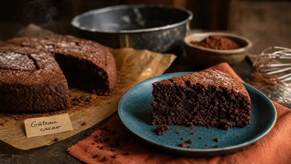 Gateau cacao moelleux tiède, blancs en neige, cacao