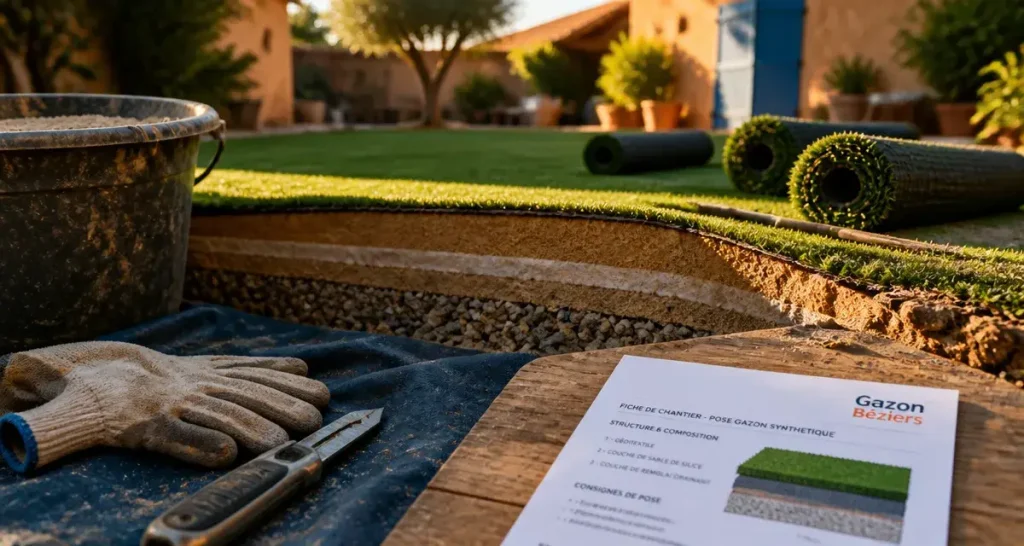 Installation gazon synthétique beziers, rouleaux sur sol avec couches drainantes