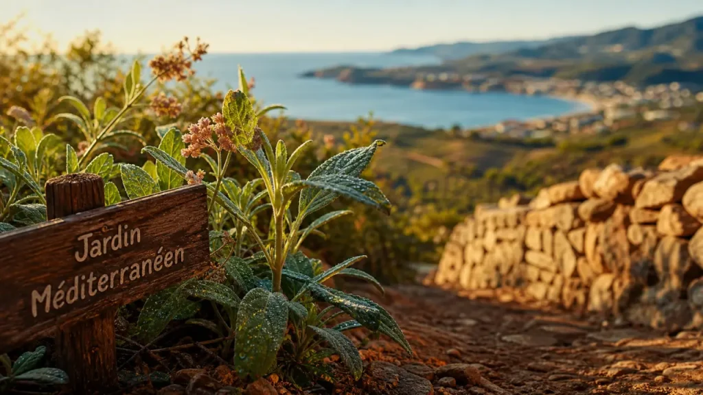 Jardin méditerranéen du mas de la serre sur sentier en pente, feuilles et muret