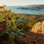 Jardin méditerranéen du mas de la serre sur sentier en pente, feuilles et muret