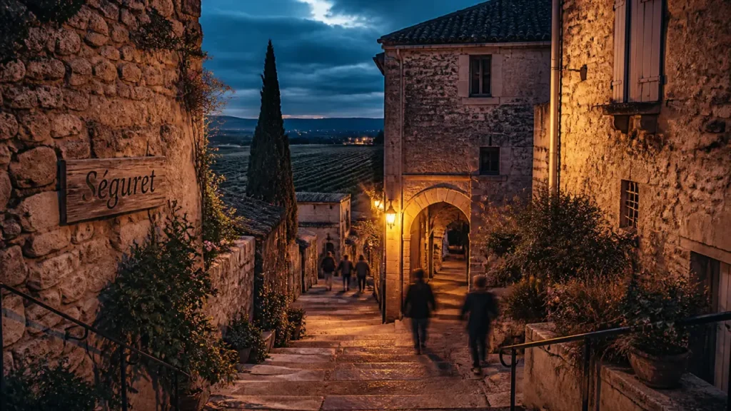 Les plus beaux villages autour de vaison-la-romaine : ruelle pavée de Séguret au crépuscule