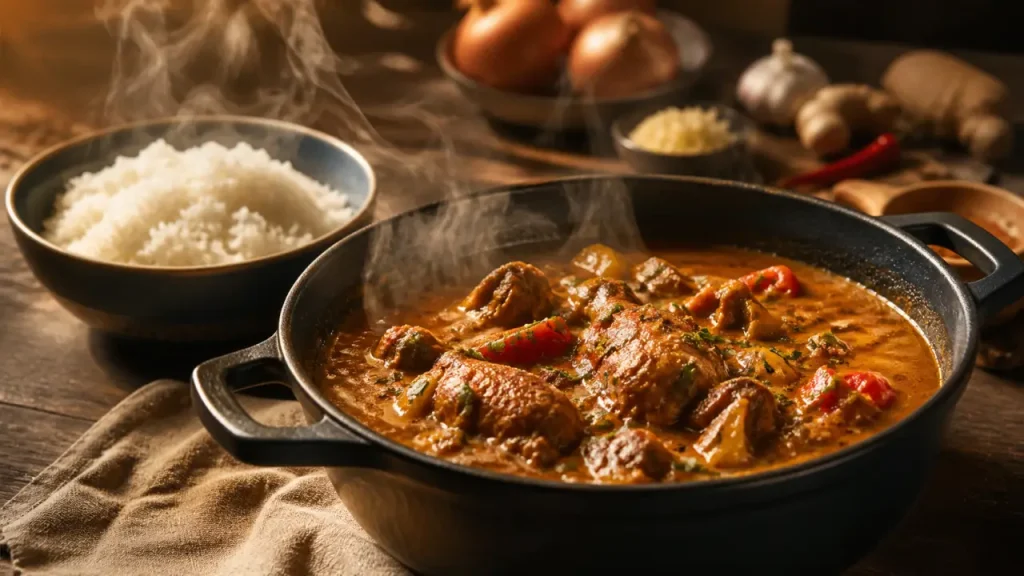 Met africain mafé, sauce arachide fumante et riz vapeur