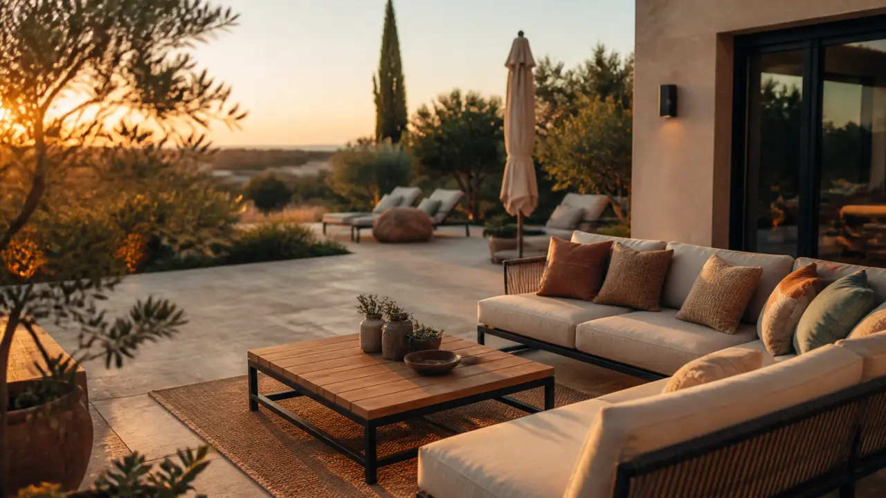 Mobilier de jardin haut de gamme contemporain : aluminium noir, teck FSC et corde tressée