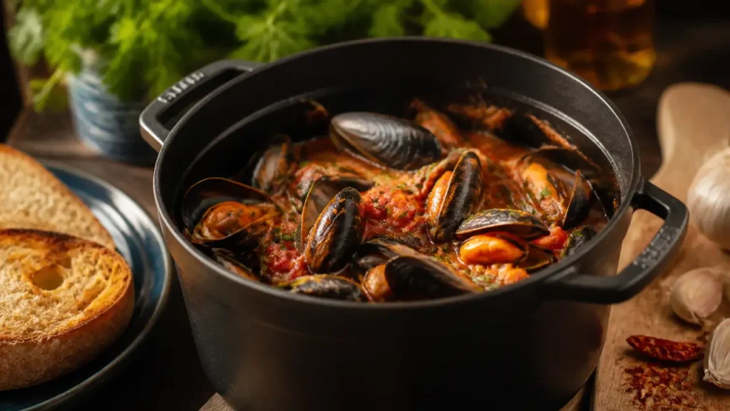 Moules à la tomate recette italienne, ail et piment, cuisson courte