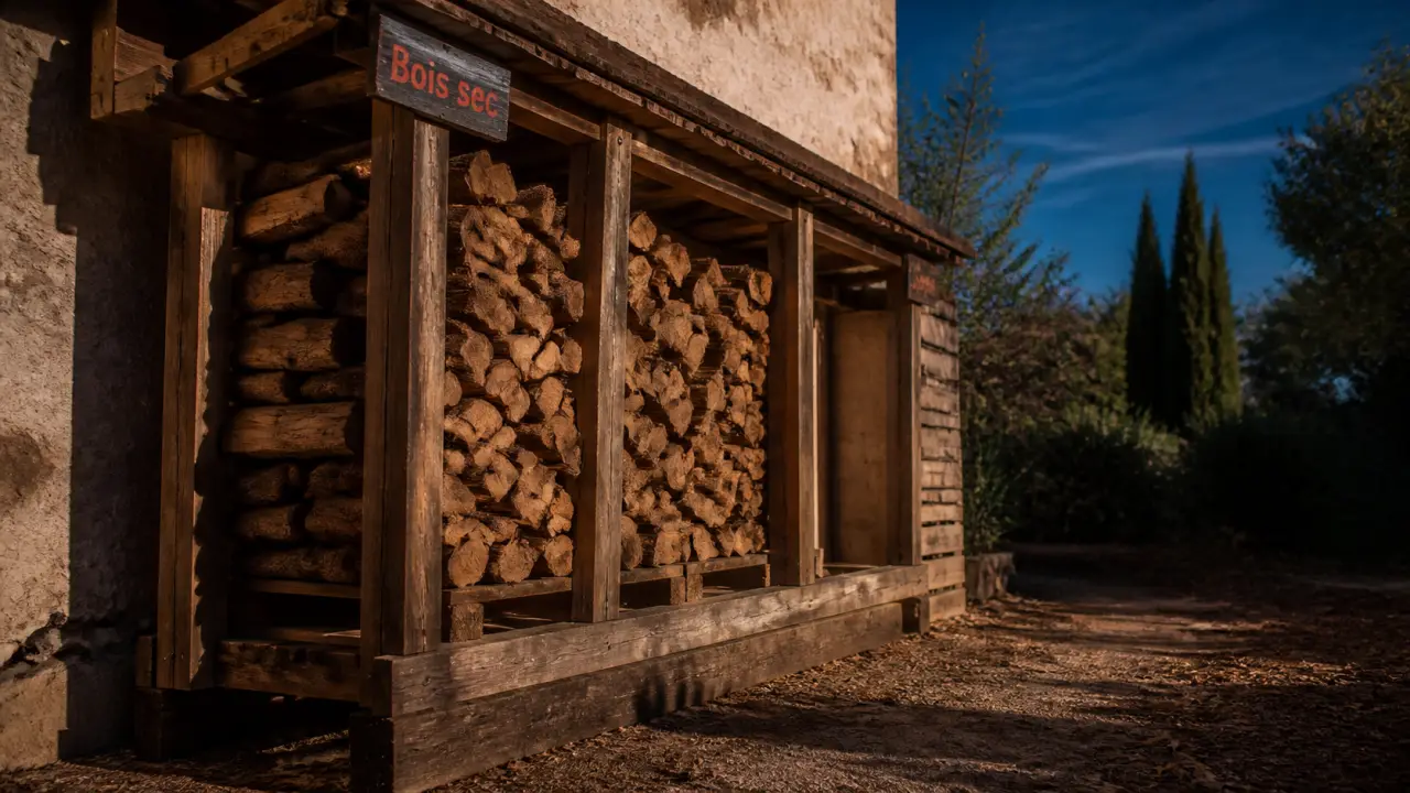 Rangement bois extérieur fait maison, bois sec avec 10 cm d’air et toit ventilé