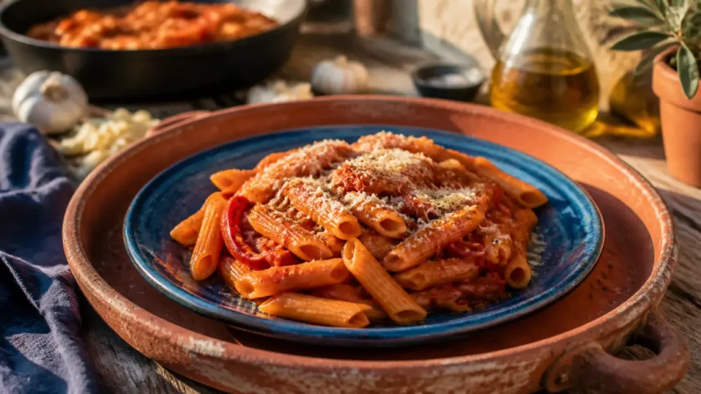 Recette italienne pâtes aux poivrons rôtis, penne et sauce soyeuse