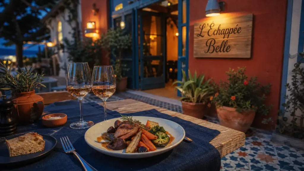 Restaurant l’echappée belle : terrasse avec table et assiette bistronomique