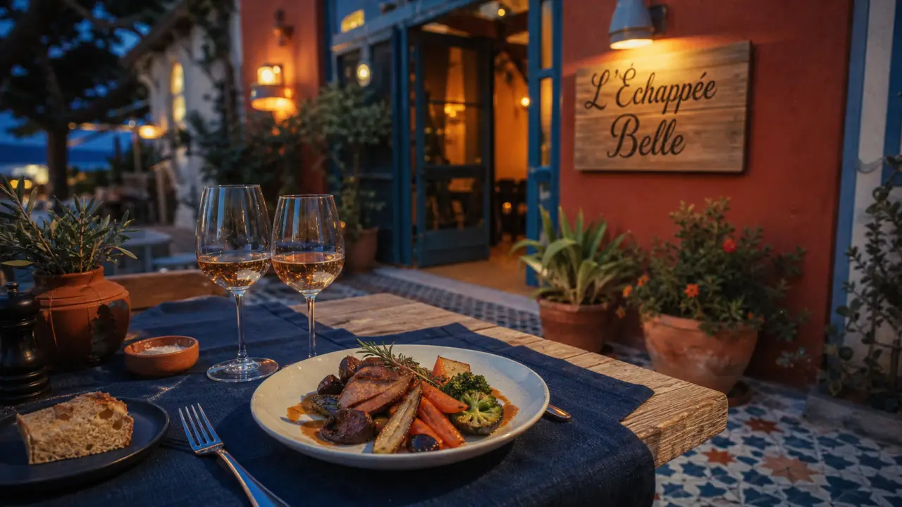Restaurant l’echappée belle : terrasse avec table et assiette bistronomique