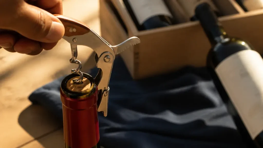 Tir bouchon sommelier à levier ou électrique sur table en bois clair