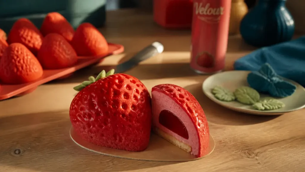 Trompe l oeil fraise velours rouge, démoulée du moule silicone
