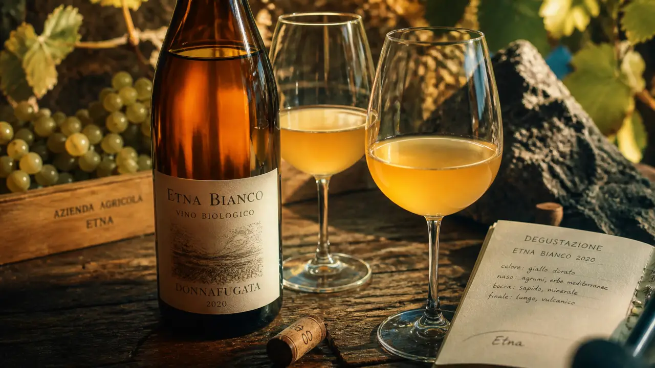 Vin nature italien Etna : bouteille sur comptoir, verres orange et terroir volcanique