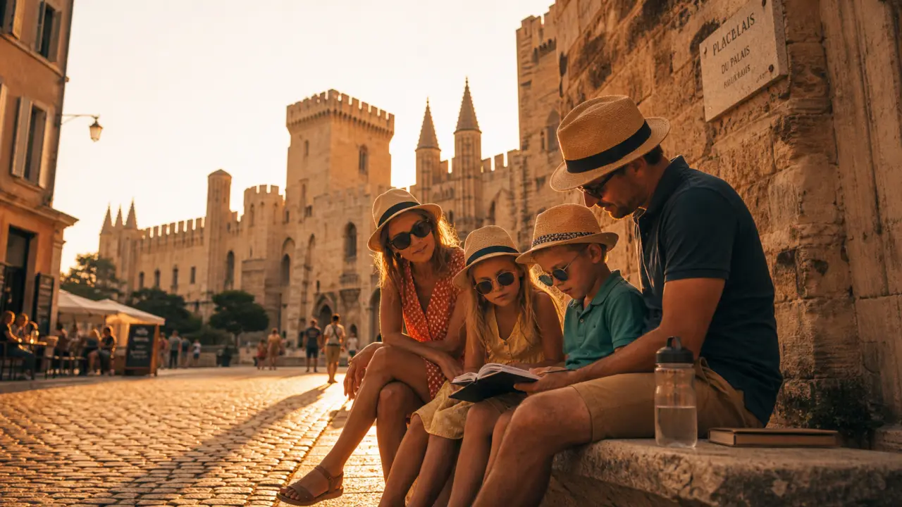 Vive les vacances en famille Avignon : famille se repose au frais près des remparts et du Palais des Papes