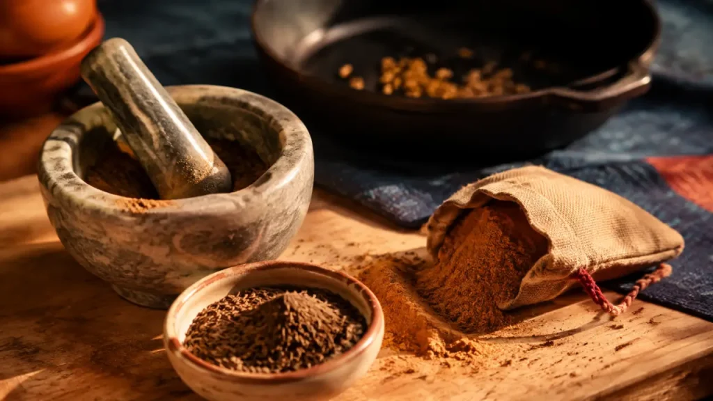 Cumin food : graines de cumin torréfiées au mortier sur bois