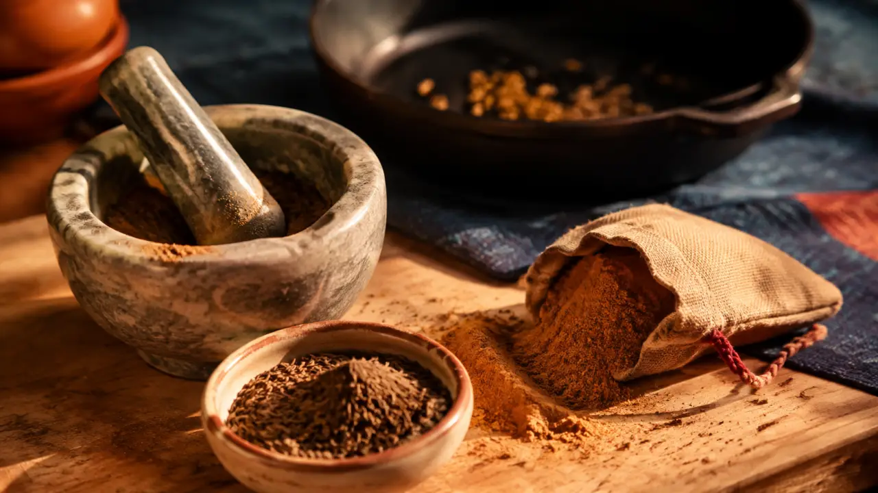 Cumin food : graines de cumin torréfiées au mortier sur bois