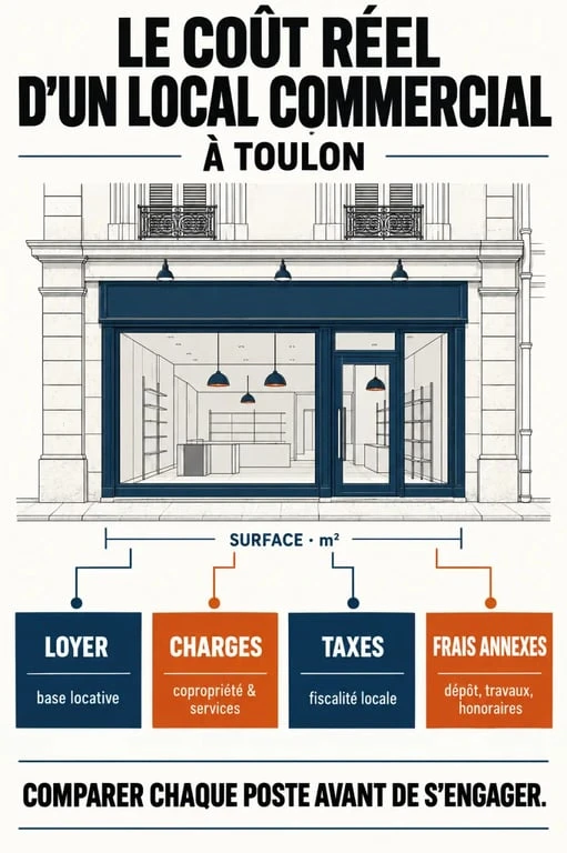 Infographie sur le coût réel d’un local commercial Toulon avec loyer, charges et taxes