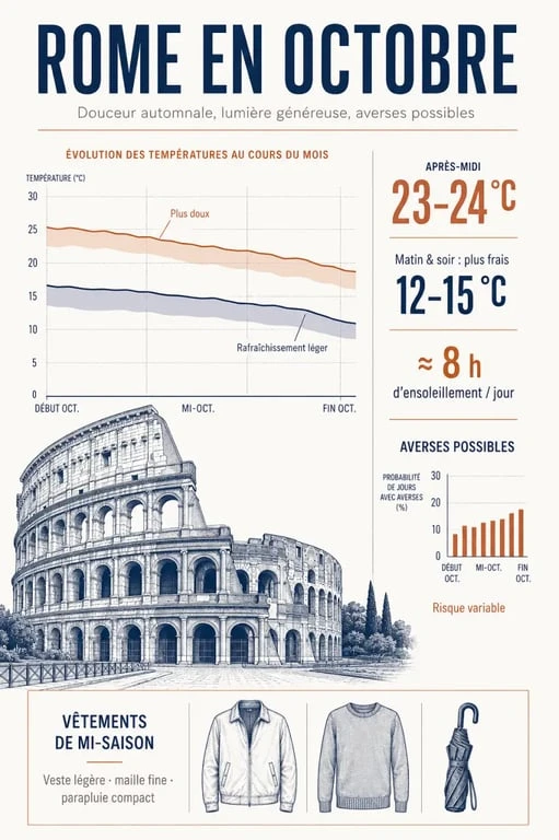 Infographie sur la météo de Rome en octobre avec températures, soleil et risque de pluie