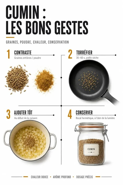 Cumin food : graines entières, poudre, torréfaction et conservation