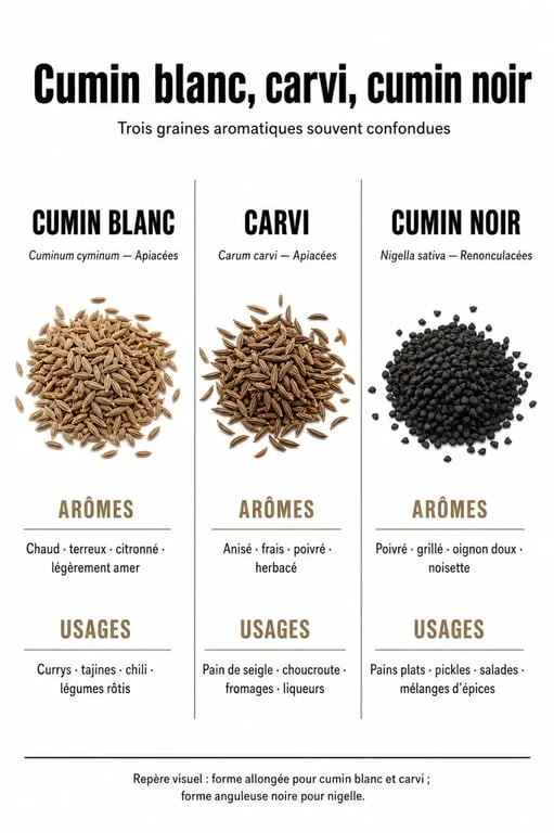 Comparatif cumin food entre cumin blanc, carvi et cumin noir