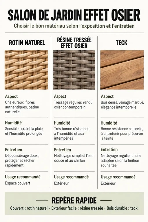 Infographie comparative des matériaux pour un salon de jardin osier : rotin naturel, résine tressée et teck