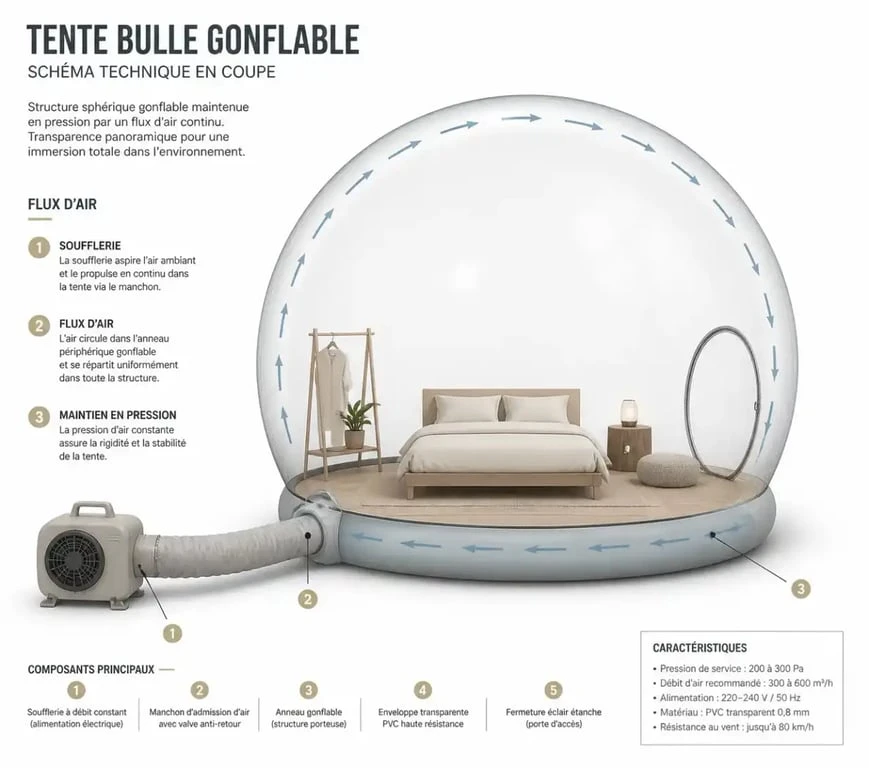 Schéma de fonctionnement d'une tente bulle gonflable pour le camping insolite