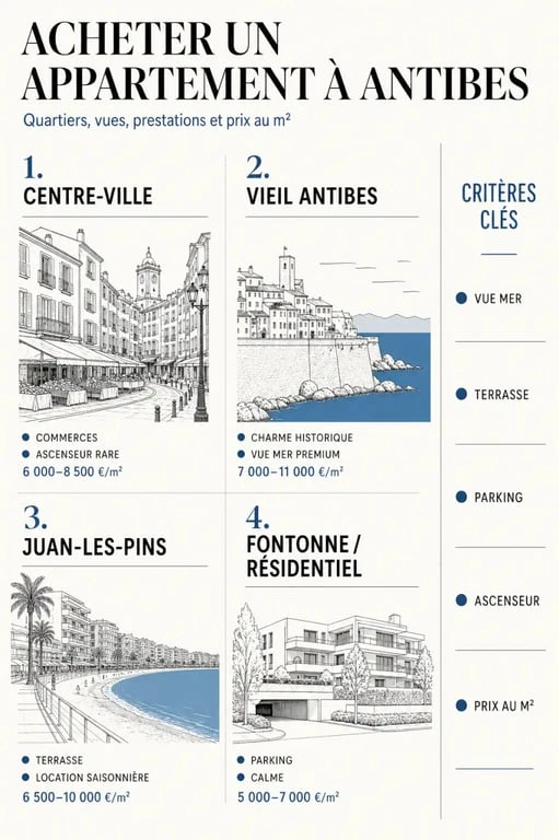 Achat appartement Antibes : quartiers, prix au m² et critères d’achat en visuel éditorial
