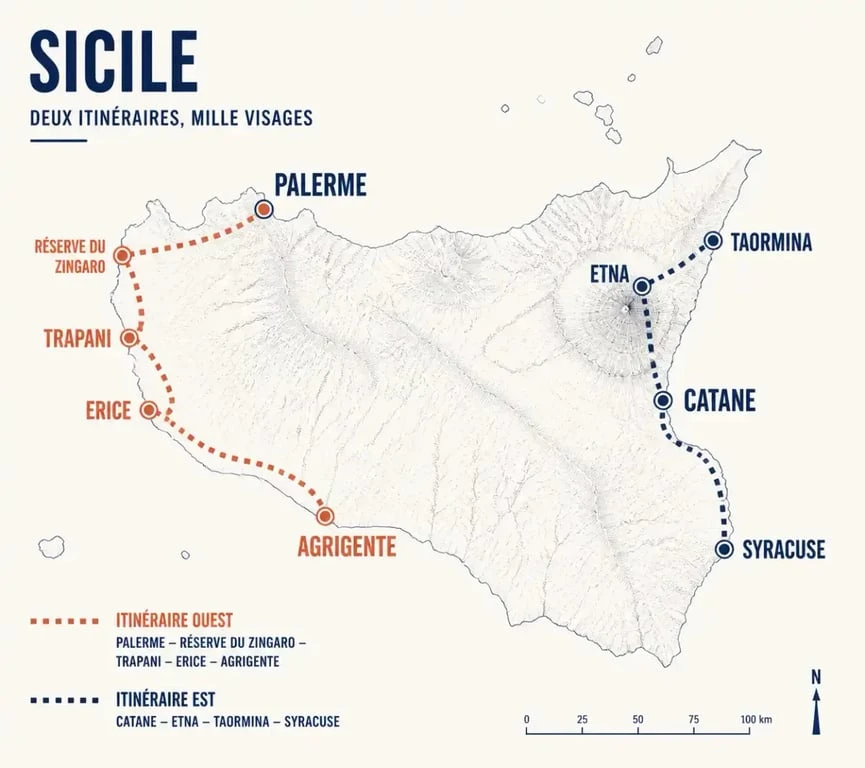 Carte itinéraire sicile circuit 1 semaine entre côte ouest et côte est