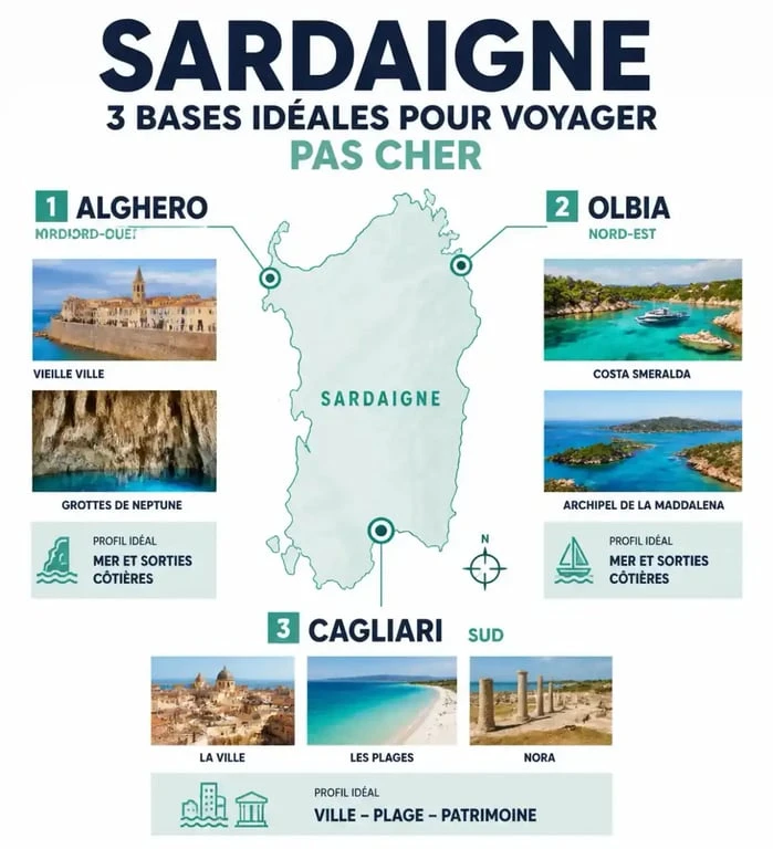 Infographie des zones à choisir pour un voyage en Sardaigne pas cher entre Alghero, Olbia et Cagliari